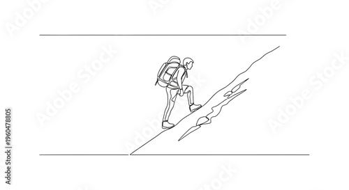 Continuous line art of a determined hiker ascending a challenging mountain slope, embodying