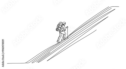 Continuous line drawing of a determined backpacker ascending a steep outdoor incline with trekking