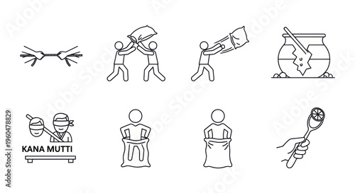 Black and white outline icons representing traditional New Year games such as tug of war, pillow fighting, kana mutti, sack race, and lime spoon race.