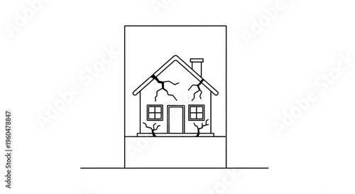 Detailed illustration of a damaged residential structure with visible foundation and wall cracks