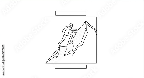 Single continuous line drawing of a person actively climbing a steep, rugged mountain peak,
