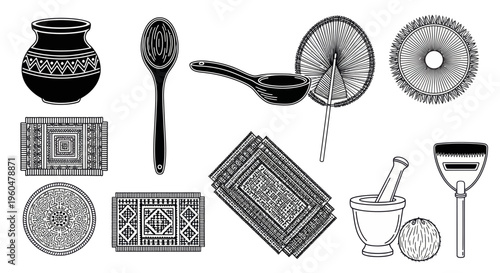 Clean black and white vector icons of Sri Lankan cultural objects like clay pot, wooden spoon, winnowing fan, mats, and traditional utensils.