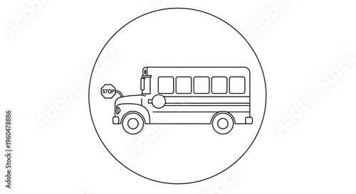 Detailed line art illustration of a classic school bus with an extended stop sign, symbolizing