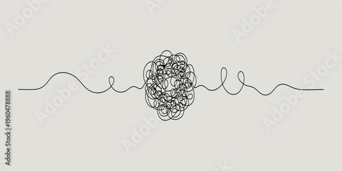 Abstract continuous line with tangled scribble knot symbolizing stress, confusion and overthinking, minimalist mental health concept isolated on beige background