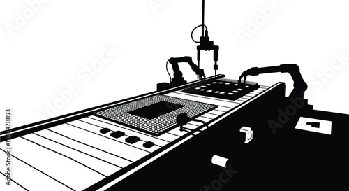 A stark depiction of automated robotic arms working on a production line rendered as a silhouette high quality