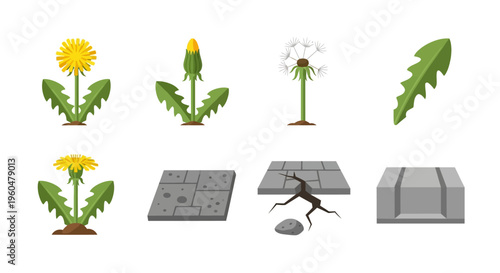 Detailed dandelion growth and urban concrete elements in flat design