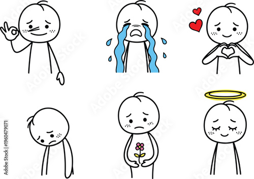 Cute stick figure emotions set with crying love sad shy angel expressions simple cartoon character vector illustration
