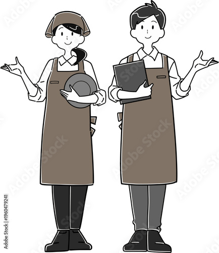 カフェの店頭で挨拶をする男女の店員 全身