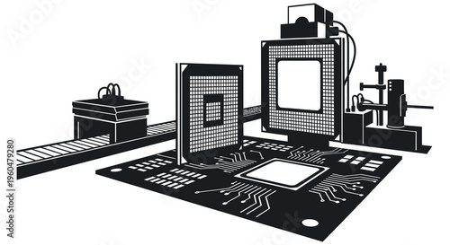 A stylized black and white illustration depicts computer components on a circuit board showcasing a striking silhouette