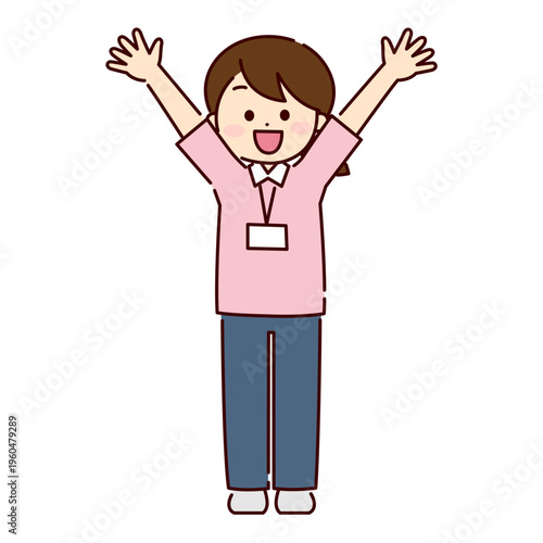 両手を上に広げているユニフォームを着た女性
