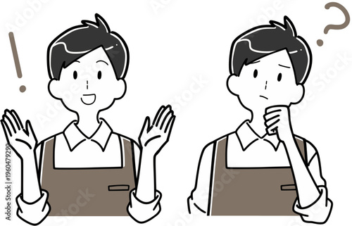 驚きと悩みの表情を見せる男性店員