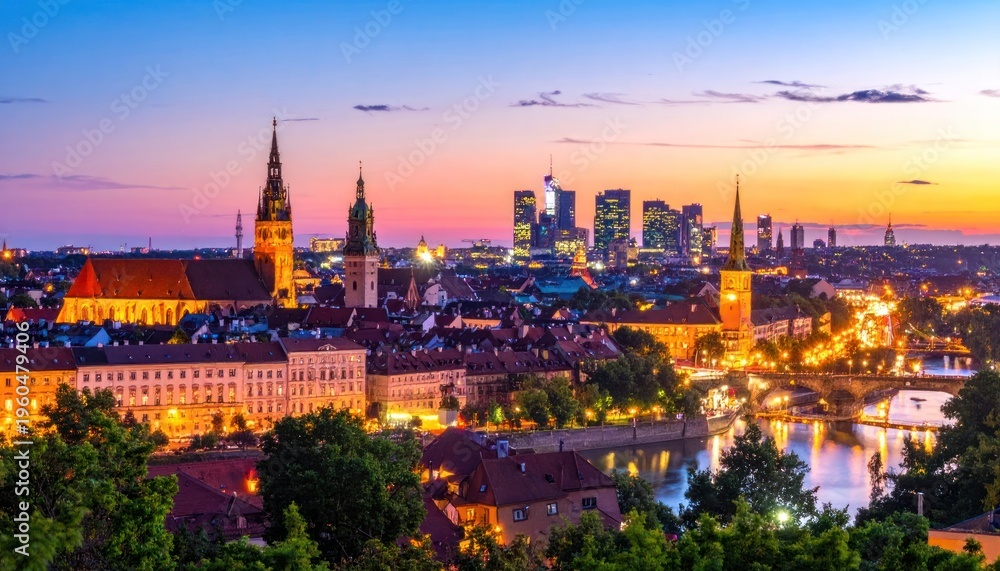 Obraz premium Golden hour illuminates a historic European cityscape.
