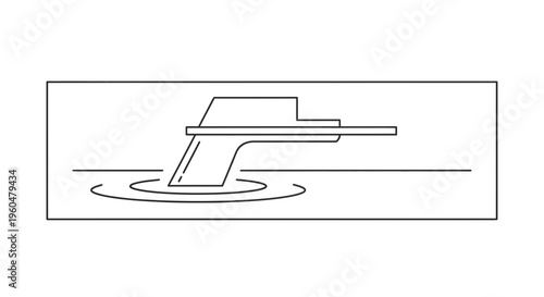 Outline vector graphic depicting a modern faucet dispensing clear water into a basin with serene