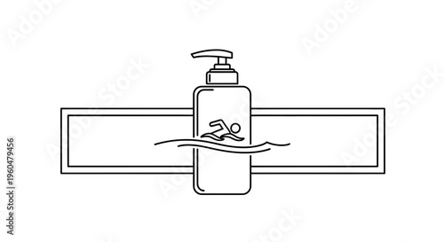 Conceptual illustration of swimming care product featuring lotion bottle and swimmer icon