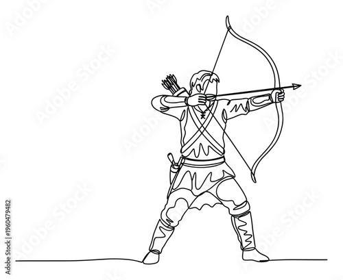 A focused male archer in traditional attire aiming a longbow with an arrow drawn, perfect for historical adventure book covers or outdoor activity promotions.