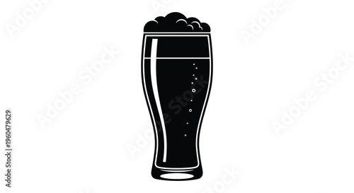 A stark black and white illustration depicts a full glass of beer showcasing its foamy head and shape silhouette