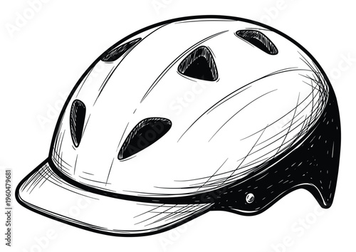 Protective gear for outdoor activities, this handdrawn sketch of a lightweight cycling helmet with ventilation is perfect for sports equipment catalogs and active lifestyle publications.