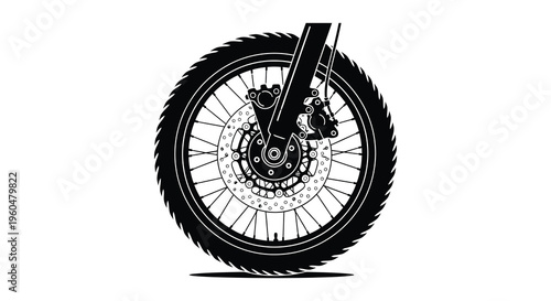 A detailed illustration showcases a motorcycle wheel and front fork rendered in a striking black silhouette high quality