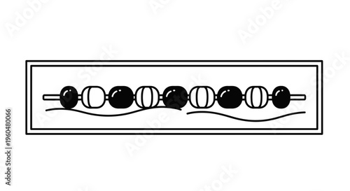 Monochrome decorative line art featuring alternating spheres on a graceful wavy path