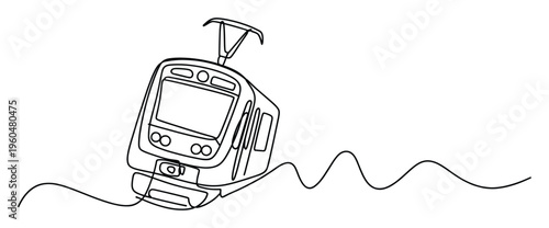 Sleek modern tram or train depicted in a continuous single line drawing illustrating urban public transport and the concept of swift ecofriendly journey for various technology and mobility