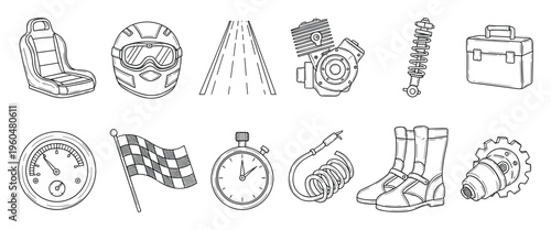 A varied collection of racing and automotive equipment, including a seat, helmet, engine, suspension, flag, and tools, ideal for motorsports graphic design projects.