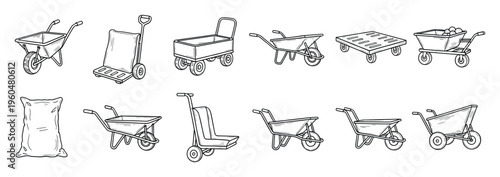Collection of hand drawn sketches featuring various transport tools like wheelbarrows, hand trucks, and dollies, perfect for conveying concepts of labor, construction, or gardening in