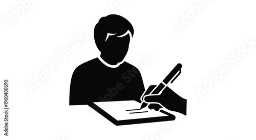 A striking black silhouette depicts a person intently writing on a document showcasing focused concentration silhouette high quality