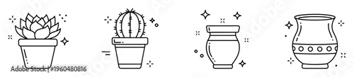 Modern minimalist line icons representing potted succulent plants, round cacti, and decorative vases suitable for contemporary web interfaces, mobile applications, and graphic projects.