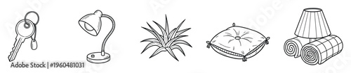A collection of simple line drawings depicting essential household items like keys, a desk lamp, a succulent plant, a soft pillow, and rolled towels, perfect for home furnishing and daily