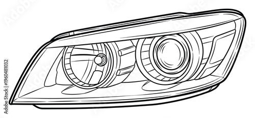 Detailed black outline drawing of a modern car headlight module showcasing its advanced automotive lighting technology for vehicle design and manufacturing illustrations