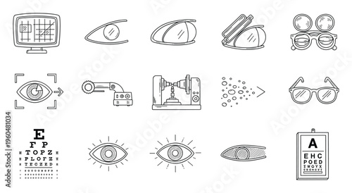 A complete collection of line art icons representing ophthalmology, eye care, vision examination, optical instruments, and corrective eyewear, perfect for medical and healthcare related