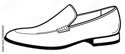 Stylish black and white line drawing of a classic slip on leather loafer shoe with a decorative buckle, perfect for fashion publications, apparel guides, mens footwear promotions, and