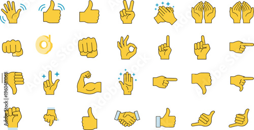 Hand gestures icons set with thumbs up down pointing clapping ok sign handshake and finger symbols vector illustration collection