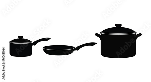 A collection of cookware items including a saucepan frying pan and covered pot in silhouette high quality professional
