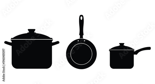 A collection of black cookware items including a stockpot frying pan and saucepan in silhouette high quality professional