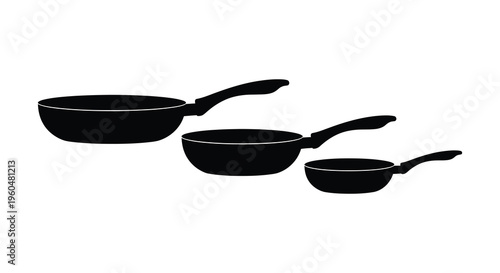 A collection of three black frying pans of varying sizes are displayed against a white background silhouette
