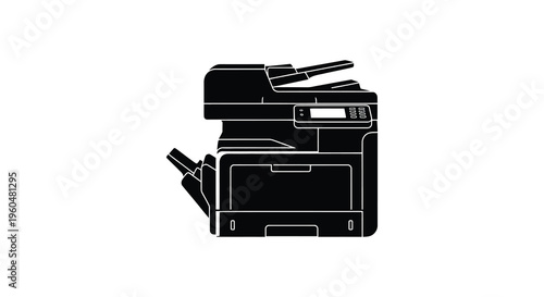 A stark black silhouette depicts a modern office copier machine highlighting its functional design silhouette high quality professional