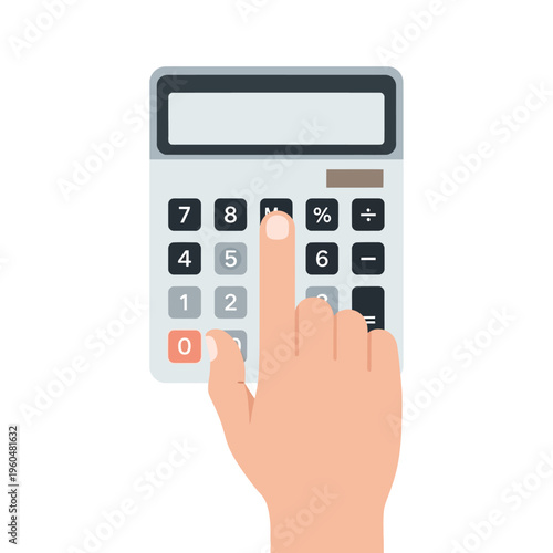 Hand pressing button on calculator for accounting and finance calculations
