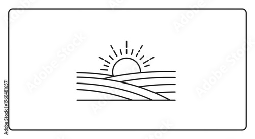 Minimalist outline icon depicting a beautiful sunrise over serene agricultural fields and natural