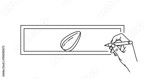 Minimalist hand sketching an organic almond shape within a rectangular frame creative illustration