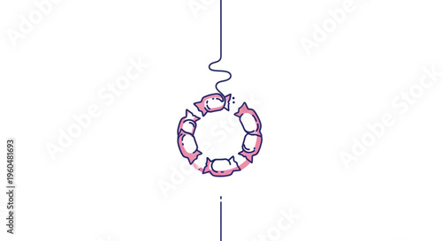 A minimalist illustration featuring a circular arrangement of pink candies delicately suspended,