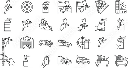 Car painting tools and spray gun equipment icons set with garage compressor color palette vector illustration collection