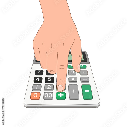 Hand pressing plus button on calculator, accounting, finance, calculation, education, business concept