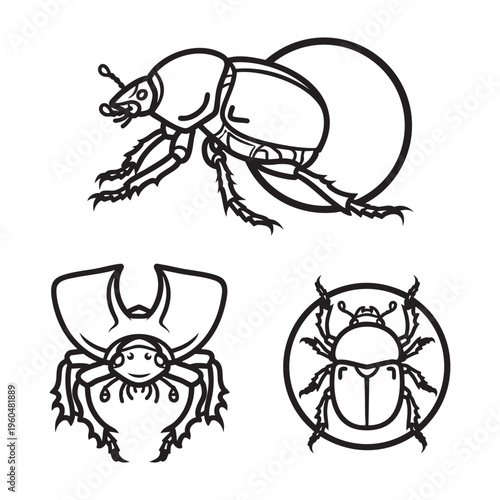 Dung Beetle Rolling Ball Three View Bold Line Art Vector Design