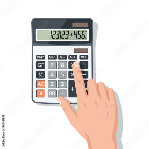 Hand using a calculator for calculations, accounting, and financial planning