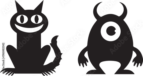 Playful black monster silhouettes vector isolated on white background