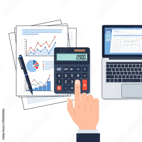 Hand using calculator near laptop and financial charts, business analysis concept