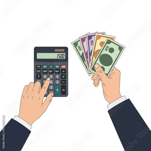 Hands Calculating Money with Calculator and Banknotes, Finance and Budgeting Concept
