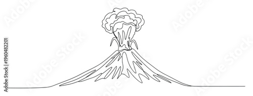 Continuous line drawing of an erupting volcano with smoke and flowing lava in a minimalist style perfect for science presentations educational materials or environmental awareness campaigns