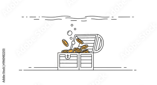 Minimalist illustration of a sunken treasure chest overflowing with shimmering golden coins